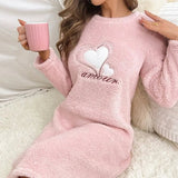 Autumn/Winter Casual Pink Heart Flannel Long Sleeve Nightgown Pullover Mid - Length Loungewear - Zeprah