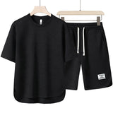 Summer Short Sleeve Suit Men's Crewneck T-shirt Solid Half Sleeve Open Hairpin Thin Breathable Five-point Pants Two-piece Set