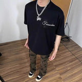 Men's Oversized White T-Shirt with Embossed Floral Texture and Letter Print, Casual Streetwear Tee
