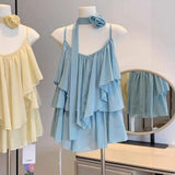 New Summer Women's Sleeveless Top Gentle Blue Irregular Camisole with Floral Streamers Youthful Design