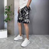 Breathable Daily Wear Textured Casual Drawstring Shorts Edgy Graffiti Print Men's Streetwear Casual Shorts
