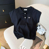 Women's Short-Sleeve Knit Top with Embroidered Bowknot Preppy Style French Polo Collar Lightweight Fabric for Spring and Summer