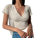 V Neck Wrap Floral Print Short Sleeve Crop Top Women Ruched Slim Fit Summer T-shirt