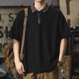 Japanese Style Retro Polo Shirt Men's Summer Heavy-weight Loose Zipper Lar Sports Men's Short-sleeved T-shirt Fashion Brand Half