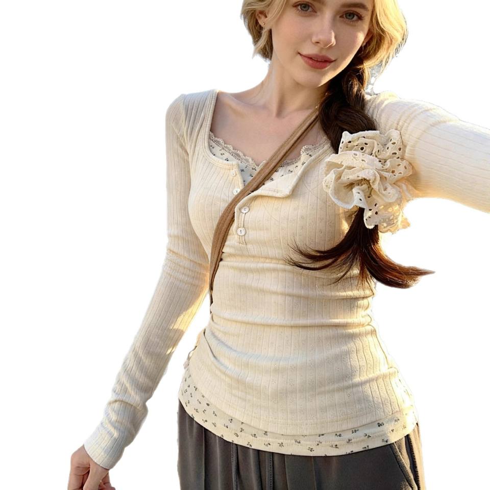 Women 2 in 1 Lace Trim Ribbed Long Sleeve Top Sweet Floral Print Faux Two Piece Slim Fit Square Neck Casual T-Shirt