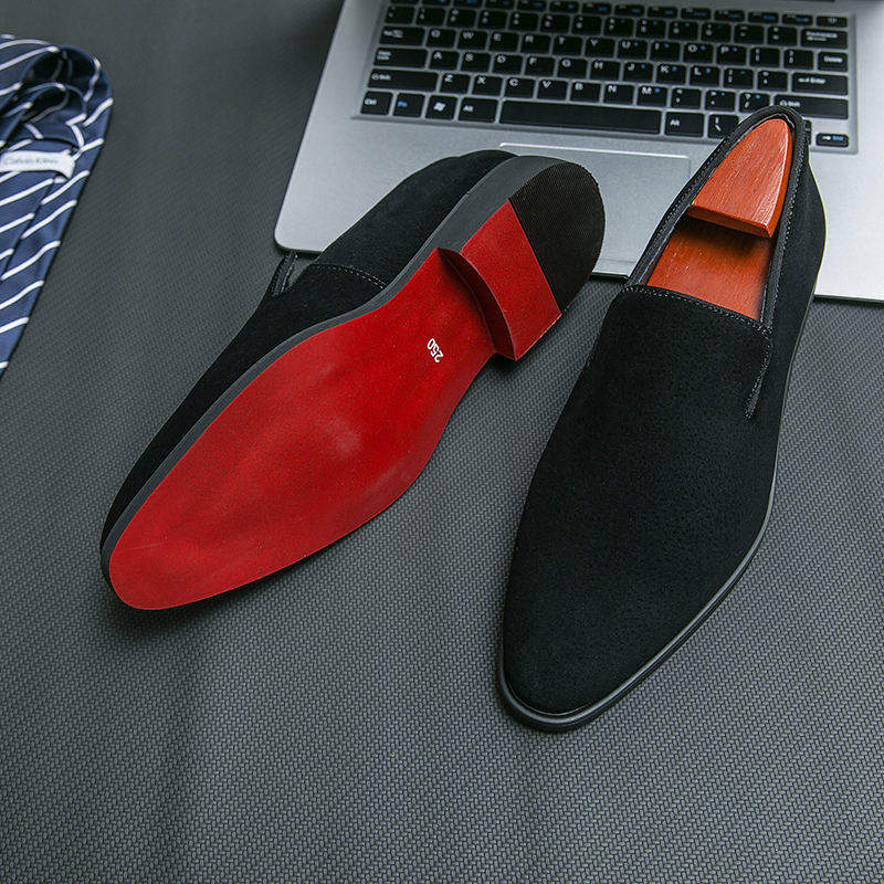 Pointed Toe Yellow Black Dress Shoes Comfortable Faux Suede Leather Red Bottom Wedding Loafer Shoes