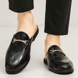 Men Backless Mule Loafers With Woven Pattern PU Leather Upper and Metal Buckle Daily Wear and Business Occasions