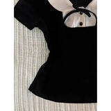 Black White Peter Pan Collar Blouse, Vintage Short Sleeve Fitted Top with Hollow Out Design