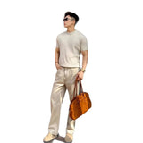 Men Vertical Rib Knit Half Short Sleeve T Shirt Slim Fit Solid Color Soft Knitted Tops for Business Daily Wear