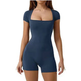 Women Square Neck Short Sleeve Bodysuit Romper Slim Bodycon Bike Short Jumpsuit Daily Casual Ladies Workout Shapewear