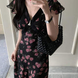Women Black Base Pink Rose Floral Maxi Dress V Neck Lace Trim Flutter Cap Sleeve Slim Fit Mermaid Hem Chiffon Long Dress