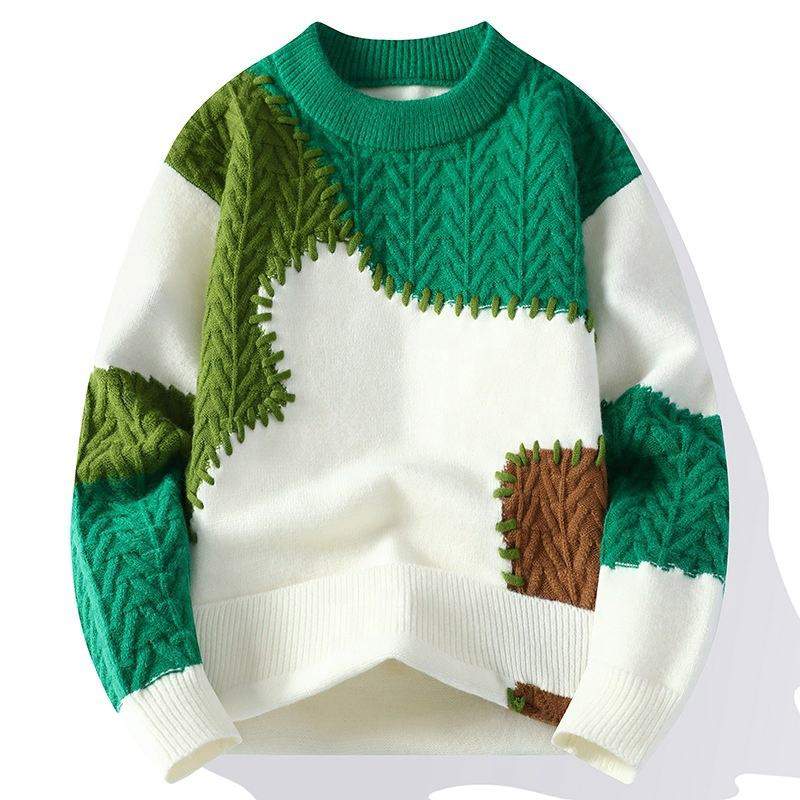 Fashion Streetwear Men Patchwork Cable Knit Pullover, Color Block Loose Warm Autumn Winter Sweater