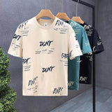 Men All Over Letter Print T Shirt Crew Neck Loose Casual Streetwear Short Sleeve Tops