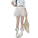 Women Floral Print Tulle Bubble Mini Skirt Elastic A-Line Puffy Balloon Short Skirt Fairy Sheer Mesh Flowy Casual Skirts