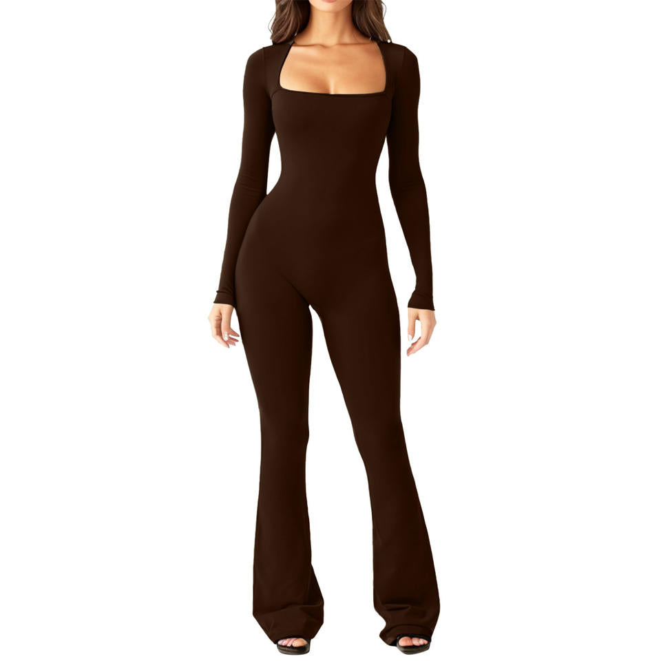 Women Square Neck Long Sleeve Ribbed Jumpsuit Bodycon Flare Leg One Piece Outfit Solid Stretch Slim Fit Casual Bodysuit Pants