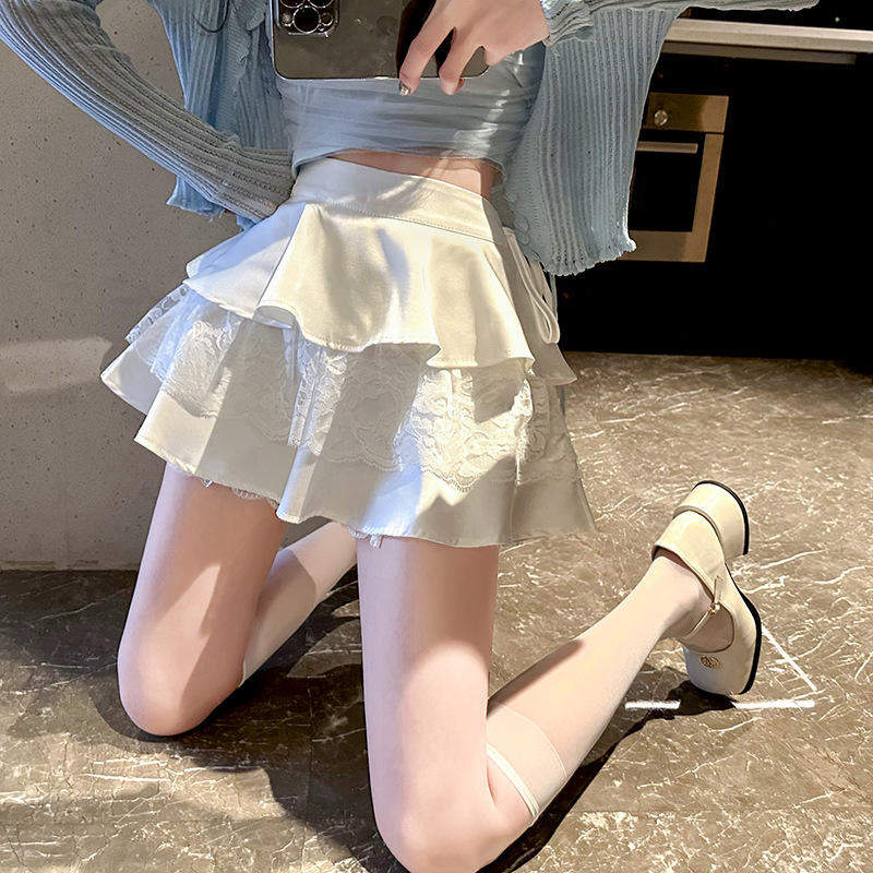 Women High Waist Tiered Satin Lace Mini Skirt Side Drawstring Ruffle Layered a Line Short Skirt
