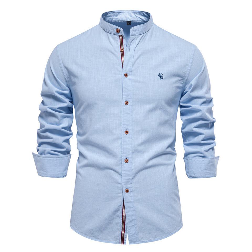 Men's Fashion Solid Color Long Sleeve Shirt, Stand Collar Minimalist Breathable Cotton Shirt