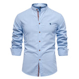 Men's Fashion Solid Color Long Sleeve Shirt, Stand Collar Minimalist Breathable Cotton Shirt