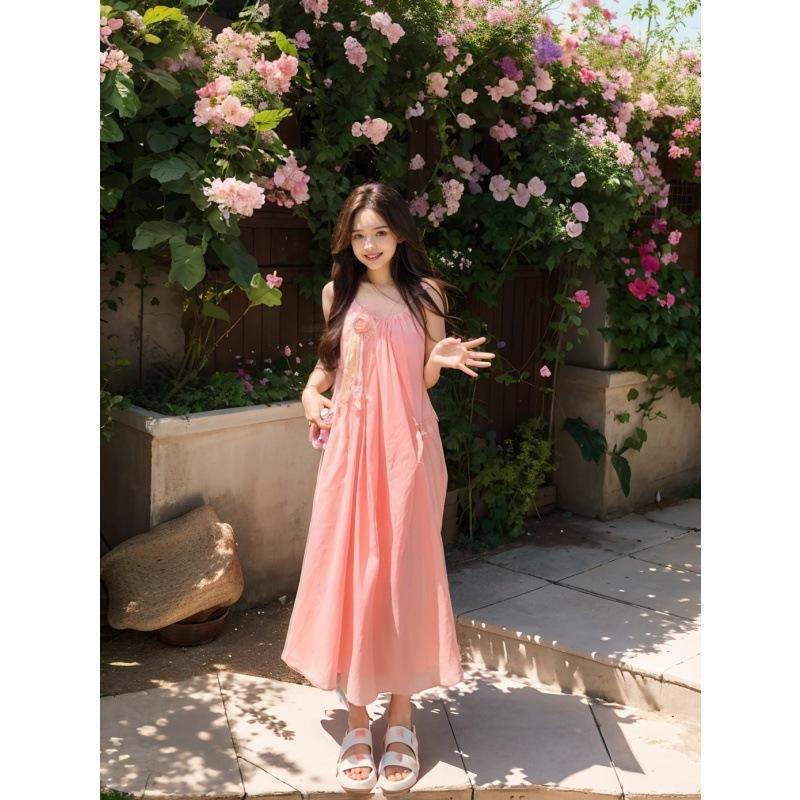 Pink Loose Spaghetti Strap Midi Dress Floral Applique Casual Swing Dress for Women