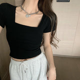 Square Neck Side Ruched Short Sleeve Crop Top Women Solid Slim Fit Basic Tee