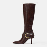 Botas Women's Pointed Toe Knee High Boots Stiletto Heel Buckle Strap Leather Dress Boots