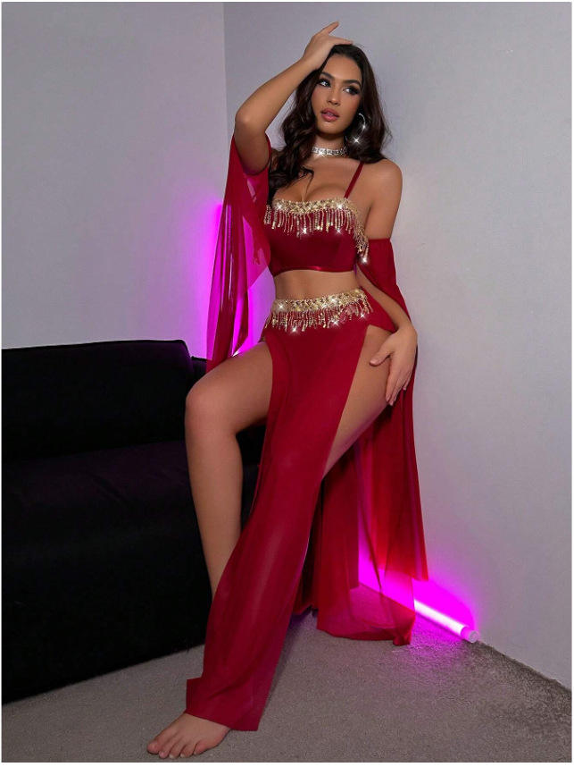 New European and American Style Sexy Women's Sexy Dancewear Sets with Rhinestone Tassel Chains