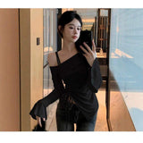 Pure Desire Irregular Fashion Hot Girl Tight Top Women's Spring and Autumn Lotus Leaf Sleeve Waist Shoulder Base Shirt