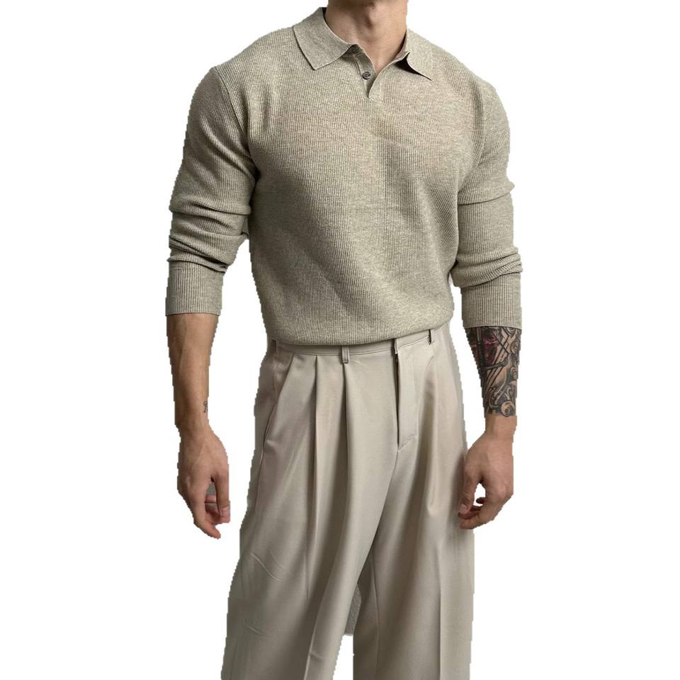 Men Waffle Knit Long Sleeve Polo Shirt Lapel Collar Button Placket Solid Slim Fit Business Casual Knitted Pullover