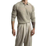 Men Waffle Knit Long Sleeve Polo Shirt Lapel Collar Button Placket Solid Slim Fit Business Casual Knitted Pullover