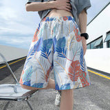 Men Quick Dry Tropical Leaf Print Beach Shorts Elastic Waist Drawstring Casual Board Shorts for Summer Vacation