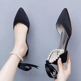 Elegant Pearl Embellished Ladies Flat Pumps - 2CM Heel High-Quality Women's Office Shoes
