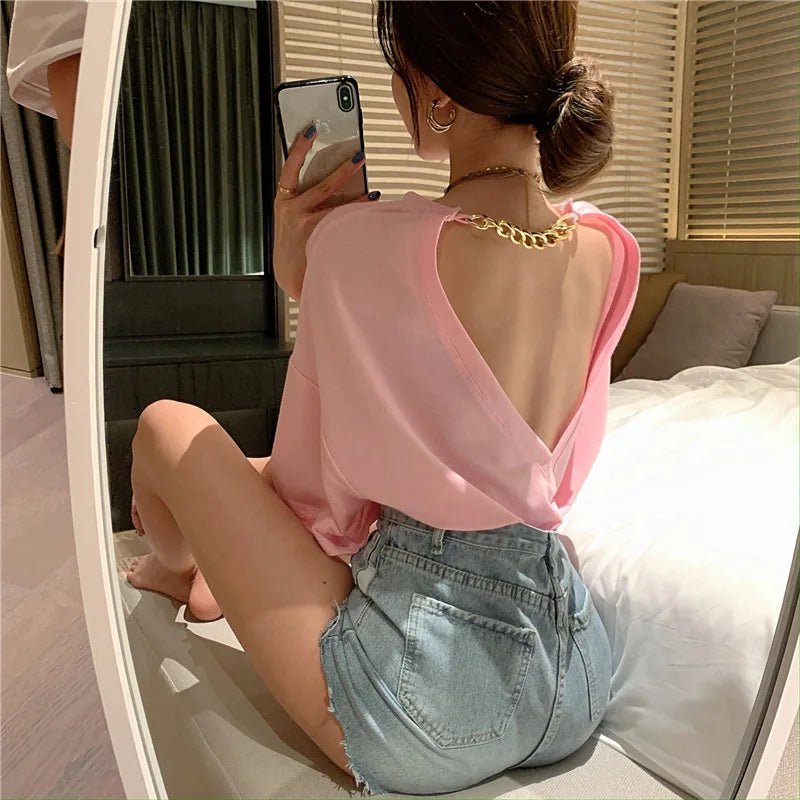 Backless Women's Clothing Loose - fit Chain Tops for Women Plain Short - Sleeved Tee - Zeprah
