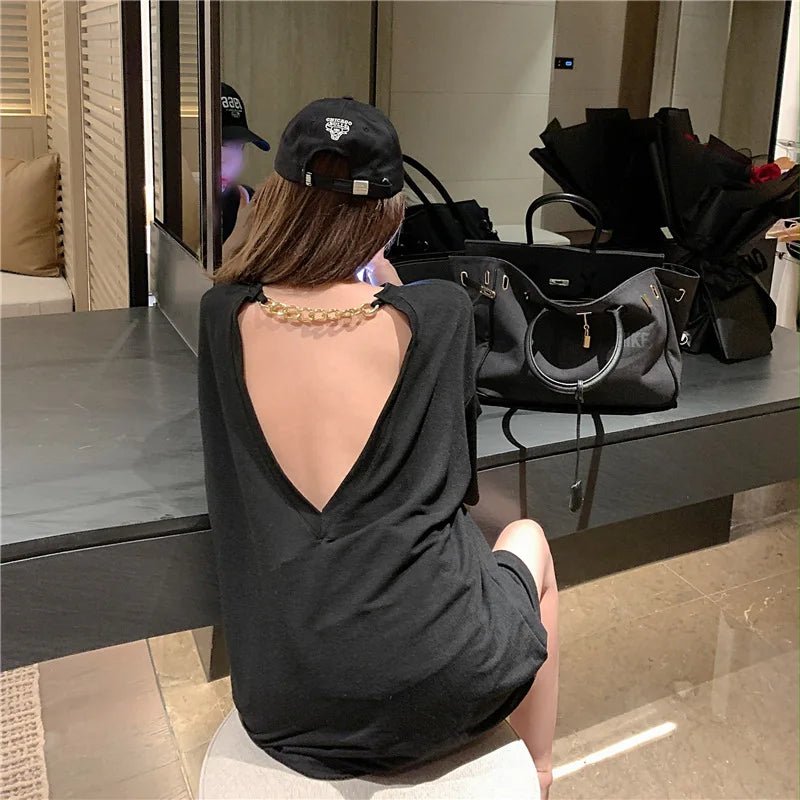 Backless Women's Clothing Loose - fit Chain Tops for Women Plain Short - Sleeved Tee - Zeprah