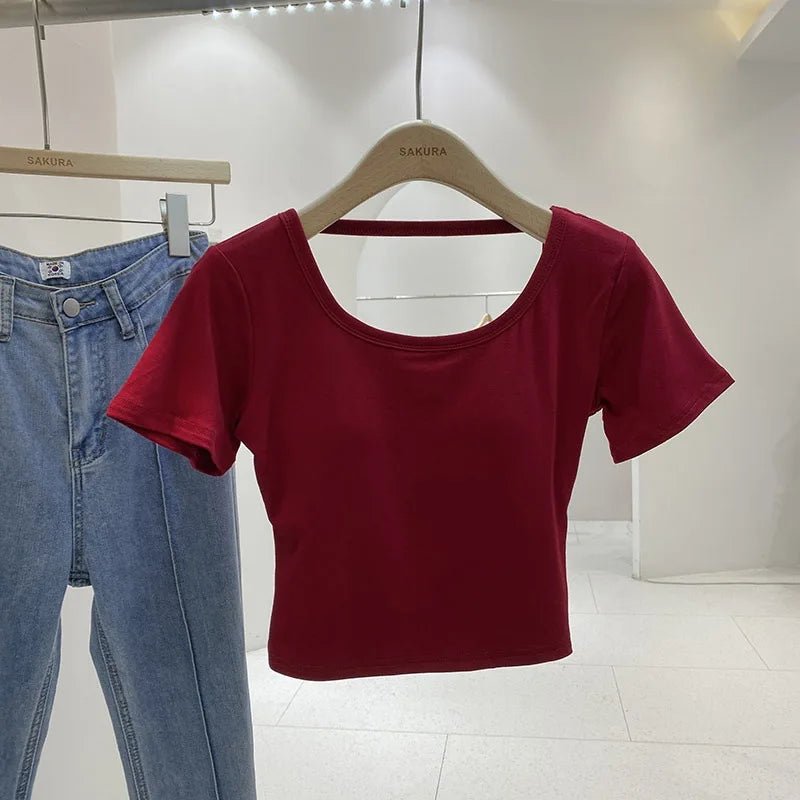 Backless Women's T-shirts Bra Pad Tops for Women Sex Appeal Short - Sleeved Tee - Zeprah