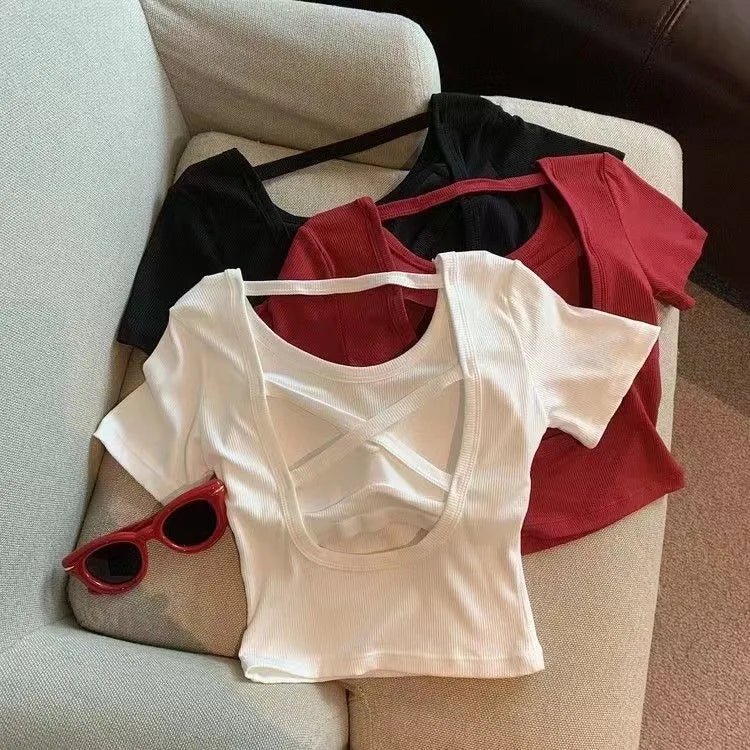 Backless Women's T-shirts Bra Pad Tops for Women Sex Appeal Short - Sleeved Tee - Zeprah