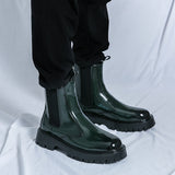 Classy Design Latest Production Green Patent Leather Ankle Boots for Men Good Looking Slip on Dress Formal Shoes