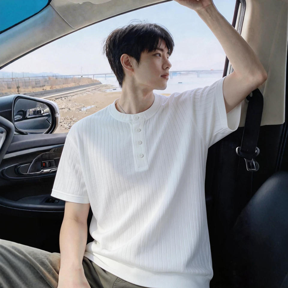 Men Vertical Rib Knit Henley T Shirt Button Placket Crew Neck Short Sleeve Loose Fit Soft Knitted Tops for Daily Streetwear