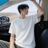 Men Vertical Rib Knit Henley T Shirt Button Placket Crew Neck Short Sleeve Loose Fit Soft Knitted Tops for Daily Streetwear