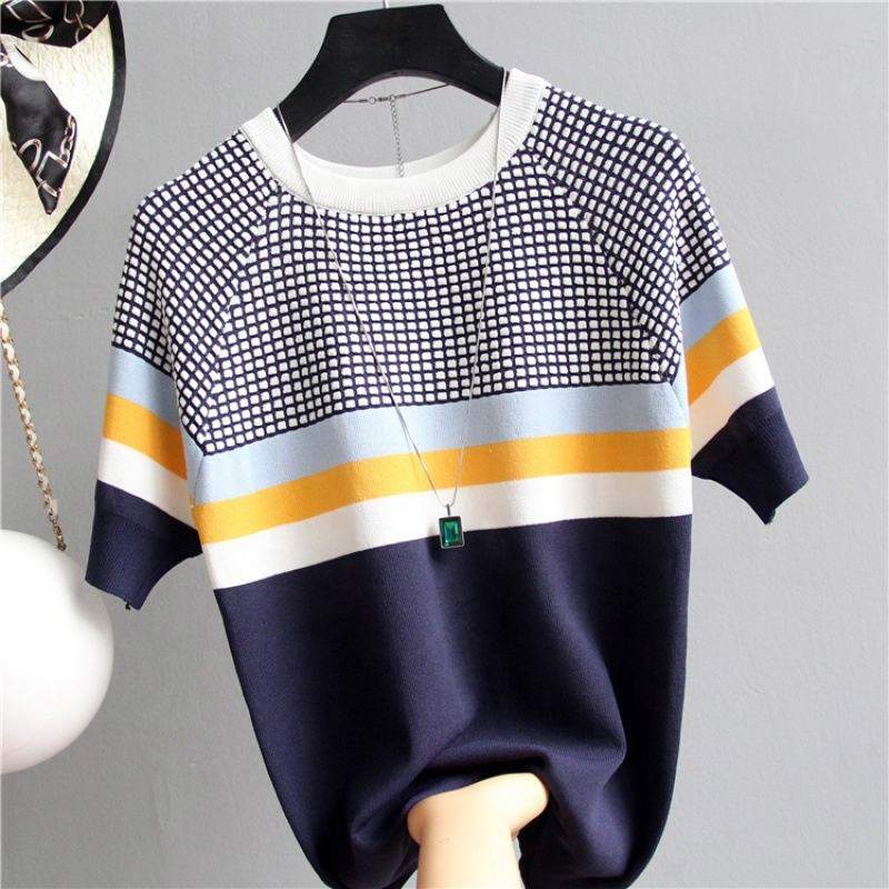 Streak Graphic Tee Ice Silk Knitting Tops for Women Splice Color Short-Sleeved Tee