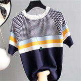 Streak Graphic Tee Ice Silk Knitting Tops for Women Splice Color Short-Sleeved Tee