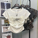 Women Textured Distressed Fabric T Shirt Big Rhinestone Bow Decor Side Ruched Short Sleeve Slim Fit Crop Top