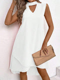 Women Solid Sleeveless Shift DressCutout Front Layered Irregular Hem Mini Dress Elegant Office Casual Party Tunic Dress