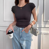 Crew Neck Side Ruched Short Sleeve T Shirt Women Stretch Slim Fit Basic Cropped Blouse