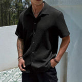 Men Solid Wrinkle Textured Short Sleeve T-Shirt Lapel Collar Button Down Breathable Loose Casual Summer Blouse