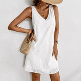 Women Eyelet Embroidery Sleeveless Mini Dress V Neck Lace Strap Casual Summer Beach Shift Dress