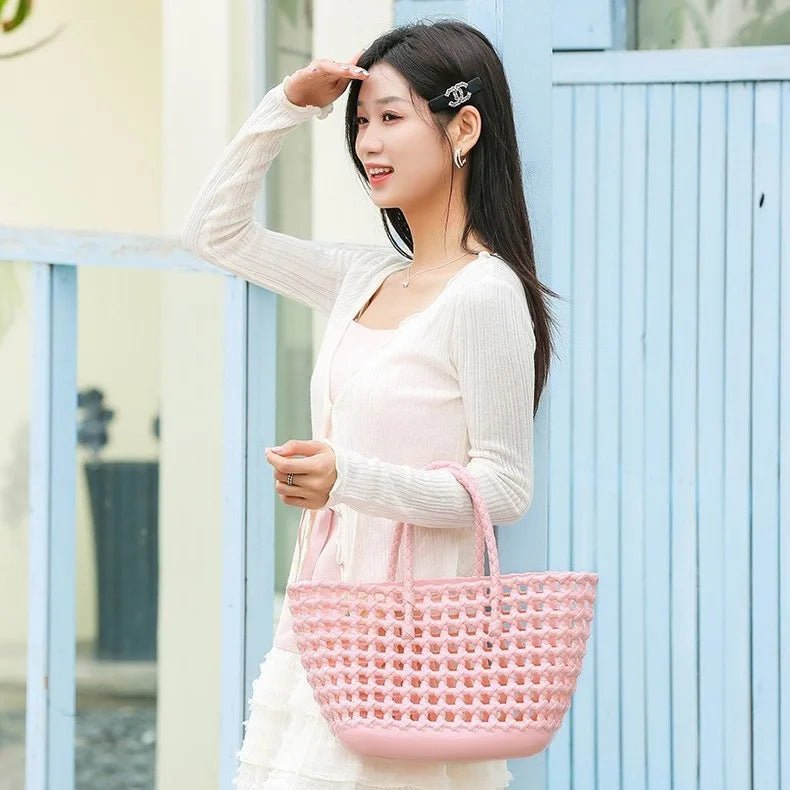 Beach Handbag Women's Waterproof Colorful Hollow for Jelly Woven Basket Easy - to - Wash Crochet Bag Durable Rattan - Zeprah