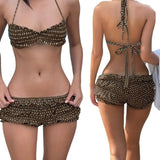 Beach Vacation Polka Dot Bikini Set Knee Short Pleated Halter Tie - Front Triangle Bottoms Eco - Friendly Quick Dry Sexy Hot - Zeprah