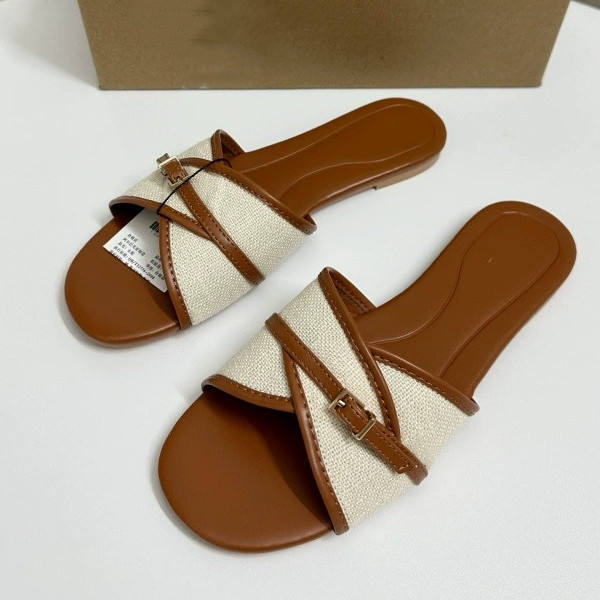 Sandales Plates New Style Casual Women's Flat Woven Slip-On Sandals - Fashionable Roman Style Buckle Strap Slippers