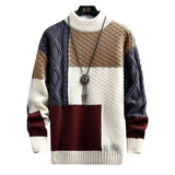 Men Color Block Patchwork Cable Knit Sweater Half Turtleneck Long Sleeve Retro Color Contrast Pullover Streetwear Jumper