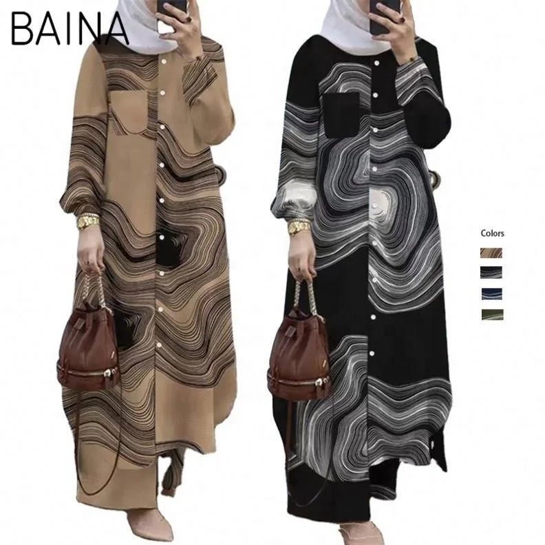 Best Selling Women's Clothing Islamic Abaya Ladies Dress Striped Pants and Blouse Set for Long Latest Design Muslim Tops - Zeprah